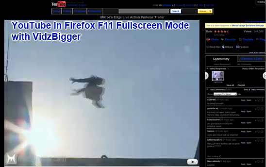 YouTube in Firefox F11 Fullscreen Mode with VidzBigger.com